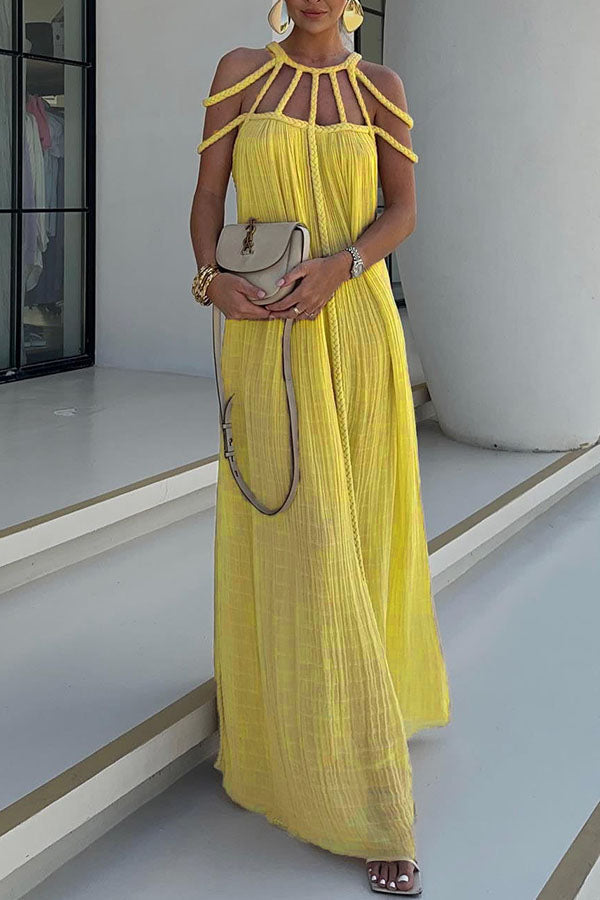 Natalia| Modernes und elegantes Maxikleid mit drapierter Zopf-Optik aus Leinenmischung