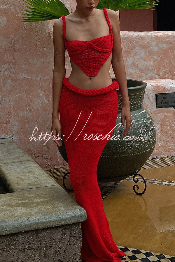 Kiara| Crochet Knit Braid Waist Slit Stretch Maxi Skirt