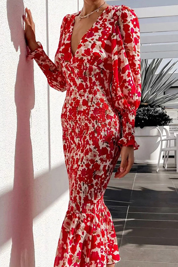 Rowena Florale Bischofärmelsmoked Midi-Kleid