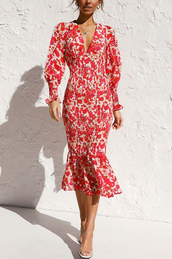 Rowena Florale Bischofärmelsmoked Midi-Kleid