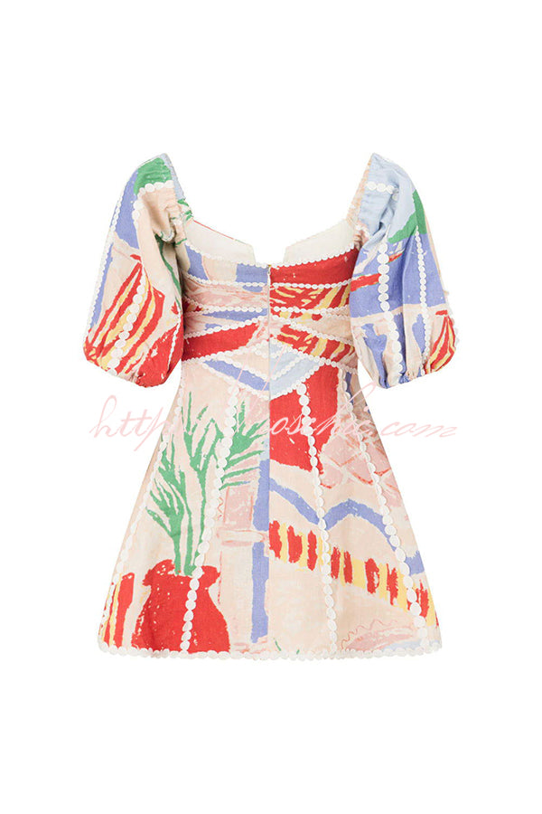 Como™ | Leinenmischung Ric Rac Borte Einzigartiger Druck Puffärmel Mini Kleid