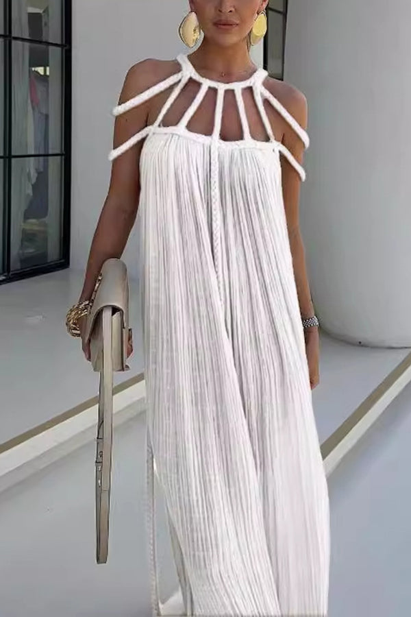 Natalia| Modernes und elegantes Maxikleid mit drapierter Zopf-Optik aus Leinenmischung