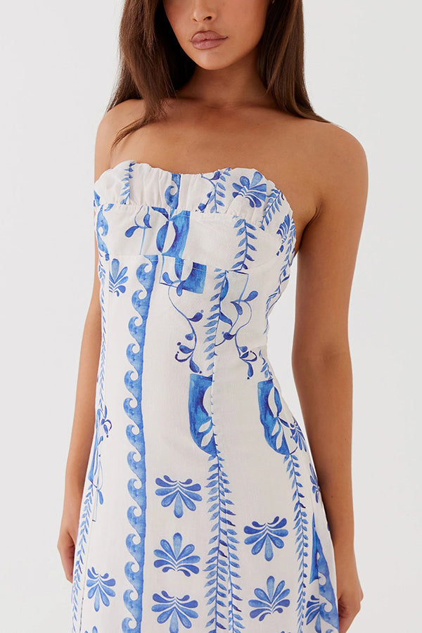 Freya| Leinenmischung Floral Wellenmuster Rüschenausschnitt Strapless Maxikleid