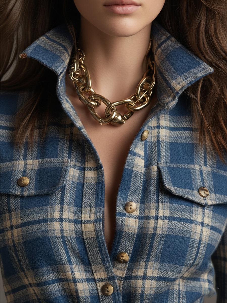 Retro-ethnischer Stil Revers Maxikleid in rötlich-braun kariert