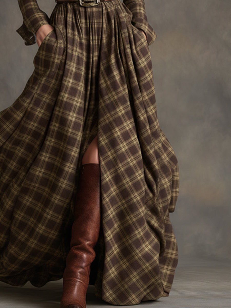 Retro-ethnischer Stil Revers Maxikleid in rötlich-braun kariert