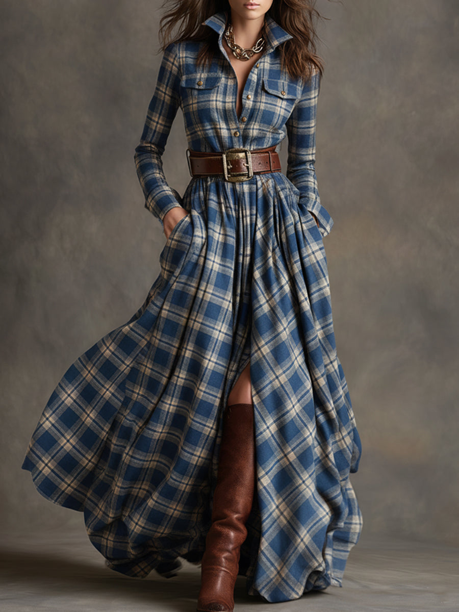 Retro-ethnischer Stil Revers Maxikleid in rötlich-braun kariert