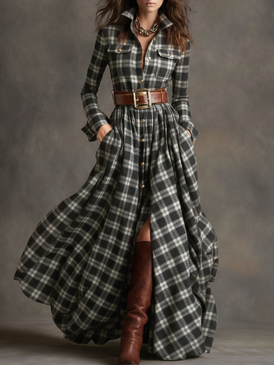 Retro-ethnischer Stil Revers Maxikleid in rötlich-braun kariert