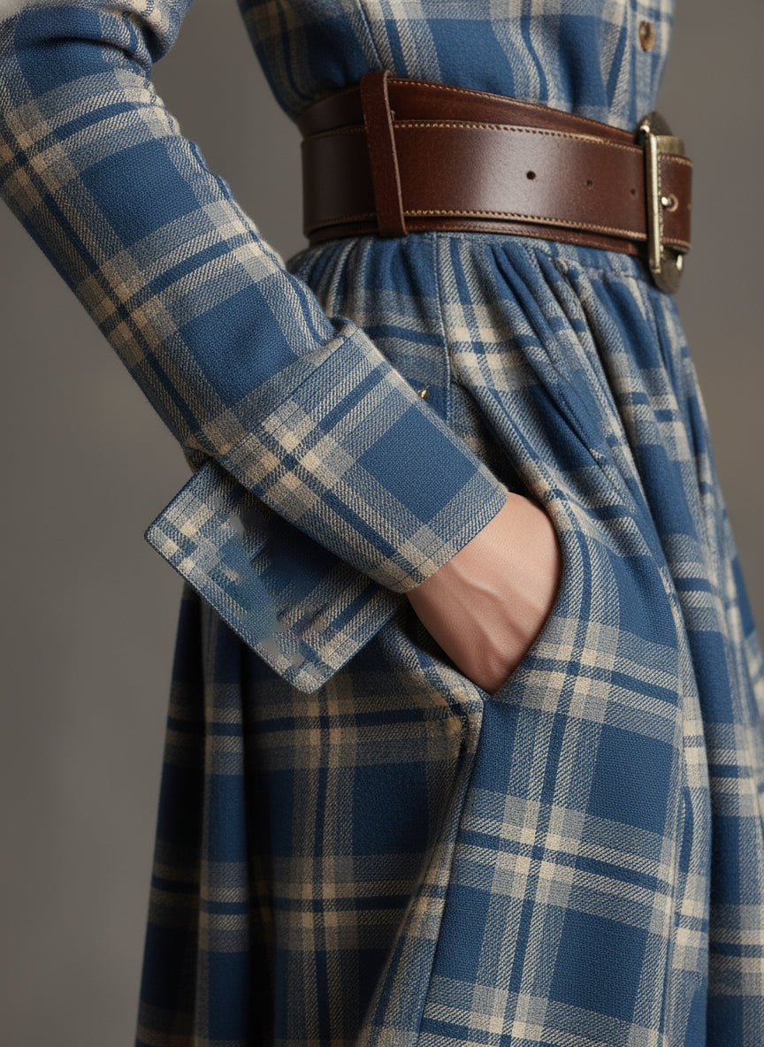 Retro-ethnischer Stil Revers Maxikleid in rötlich-braun kariert