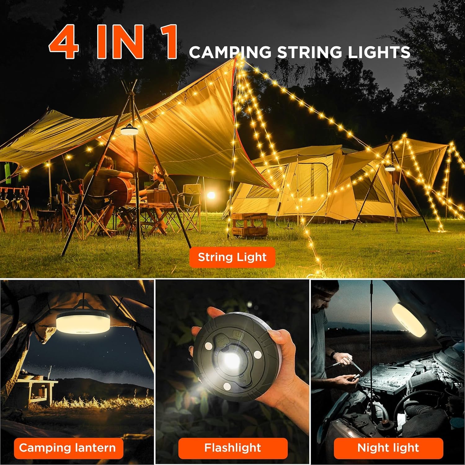 Lumenova® – Dein smarter Begleiter im Freien | 4-in-1 Campinglicht mit RGB-Lichterkette & Powerbank