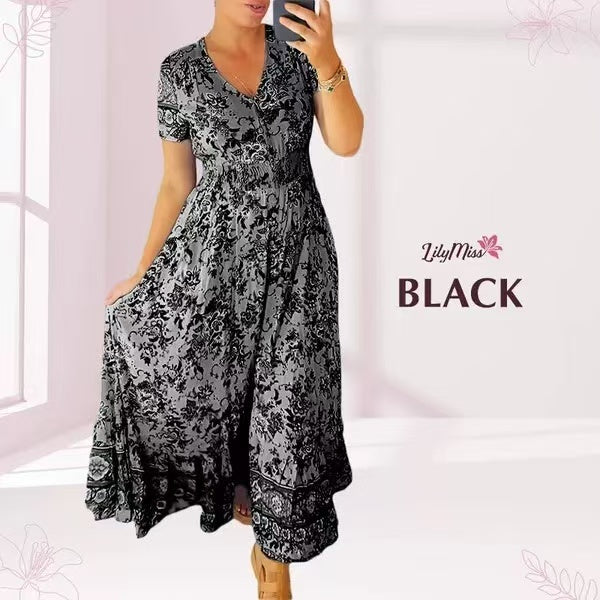 Print-cozy V-Ausschnitt langes Kleid