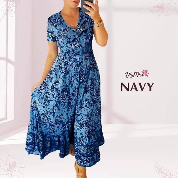 Print-cozy V-Ausschnitt langes Kleid