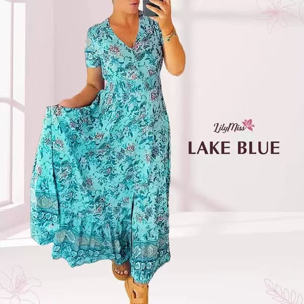 Print-cozy V-Ausschnitt langes Kleid