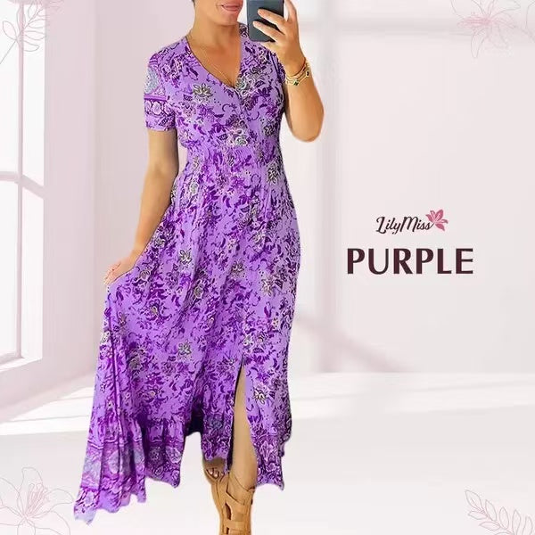 Print-cozy V-Ausschnitt langes Kleid