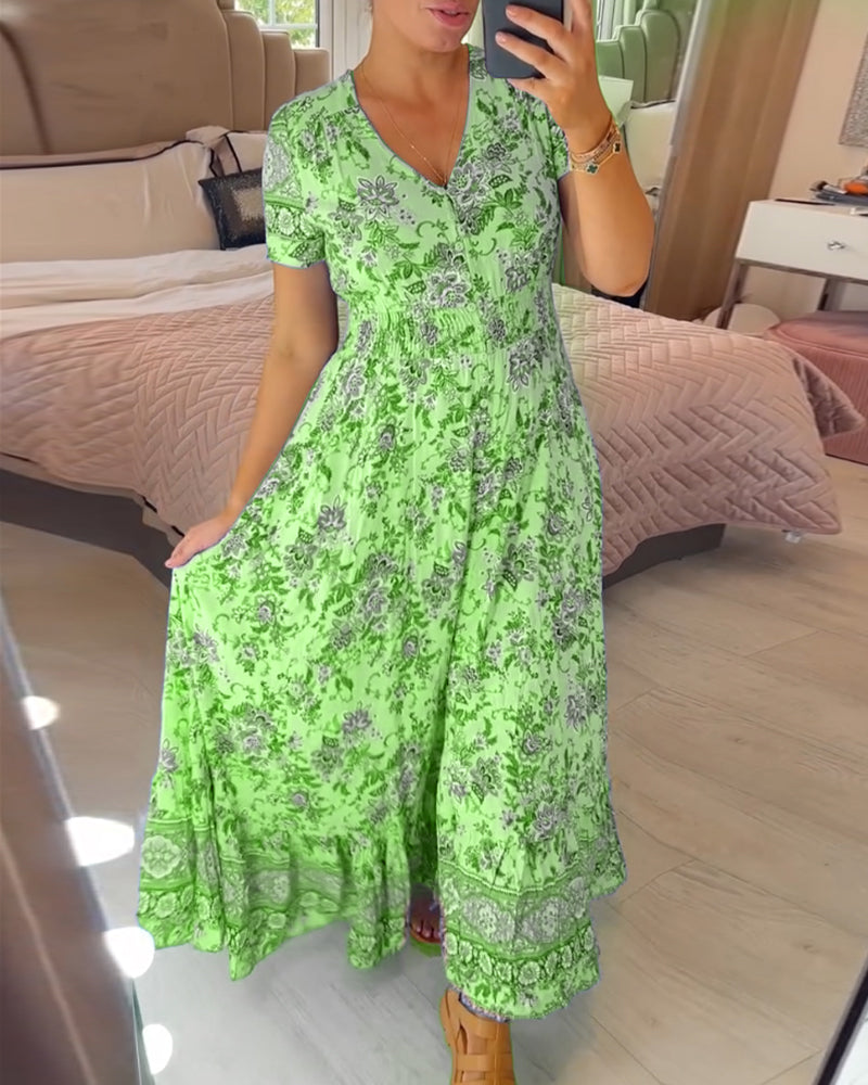 Print-cozy V-Ausschnitt langes Kleid