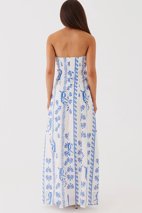 Freya| Leinenmischung Floral Wellenmuster Rüschenausschnitt Strapless Maxikleid