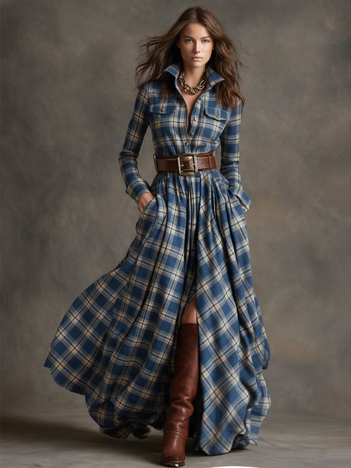 Retro-ethnischer Stil Revers Maxikleid in rötlich-braun kariert
