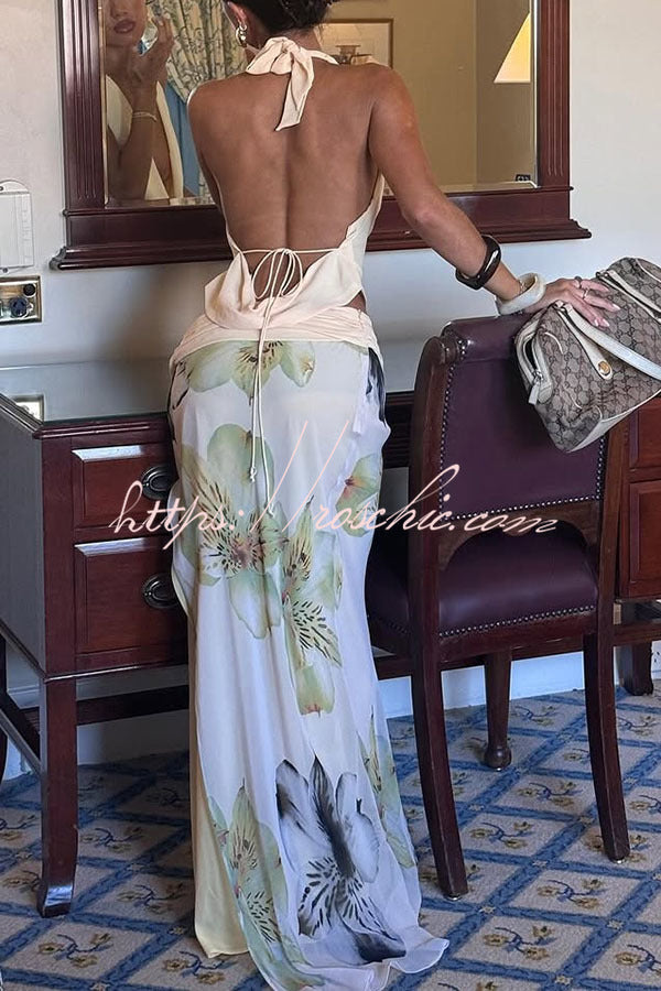 Iske| Wunderschönes Statement Cowl Neck Halter Top und florale Rüschentaille Schlitz Maxikleid-Set