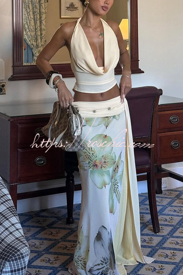 Iske™ | Wunderschönes Statement Cowl Neck Halter Top und florale Rüschentaille Schlitz Maxikleid-Set