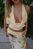 Iske™ | Wunderschönes Statement Cowl Neck Halter Top und florale Rüschentaille Schlitz Maxikleid-Set