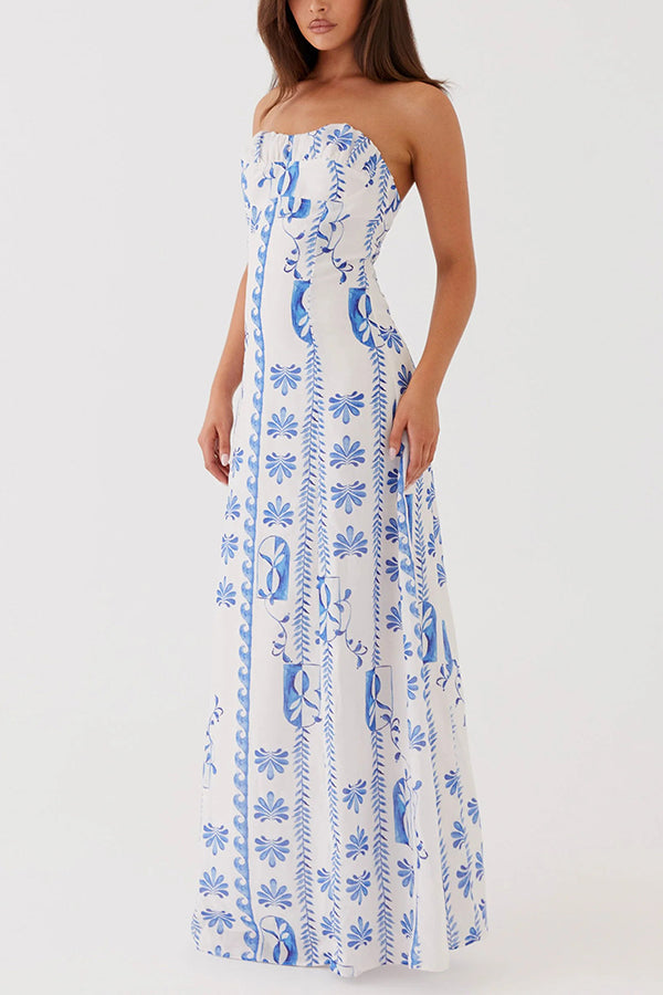 Freya| Leinenmischung Floral Wellenmuster Rüschenausschnitt Strapless Maxikleid
