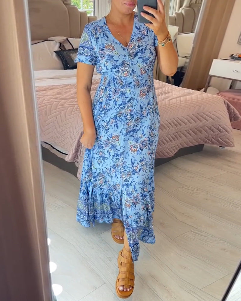 Print-cozy V-Ausschnitt langes Kleid
