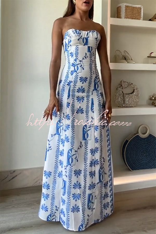 Freya| Leinenmischung Floral Wellenmuster Rüschenausschnitt Strapless Maxikleid