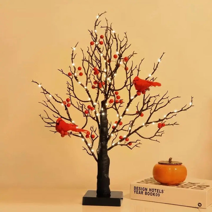 Vintage-Lichterbaum mit Kardinalen — Bringt eine warme Atmosphäre in Ihr Zuhause