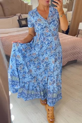 Print-cozy V-Ausschnitt langes Kleid