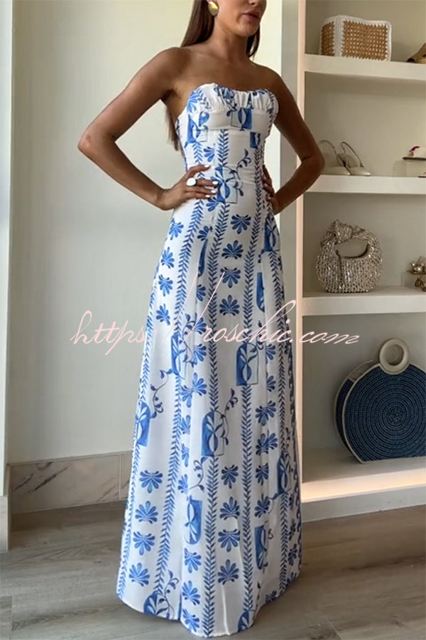 Freya| Leinenmischung Floral Wellenmuster Rüschenausschnitt Strapless Maxikleid