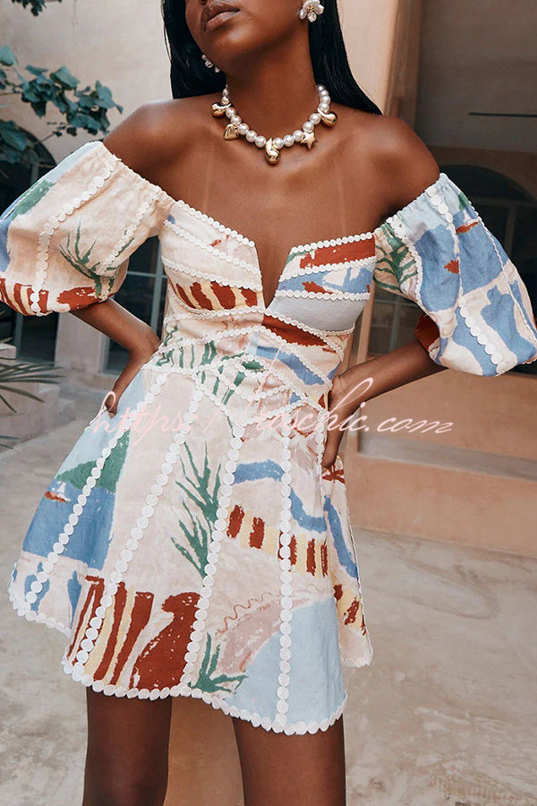 Como™ | Leinenmischung Ric Rac Borte Einzigartiger Druck Puffärmel Mini Kleid