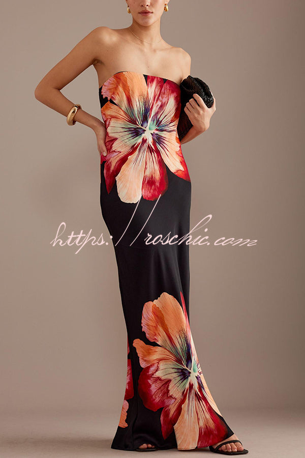 Laura| Charmantes Damen Satin Floral Print Bandeau Weit Maxi Kleid