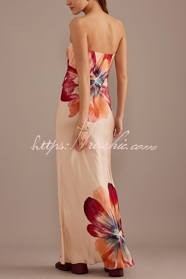 Laura| Charmantes Damen Satin Floral Print Bandeau Weit Maxi Kleid