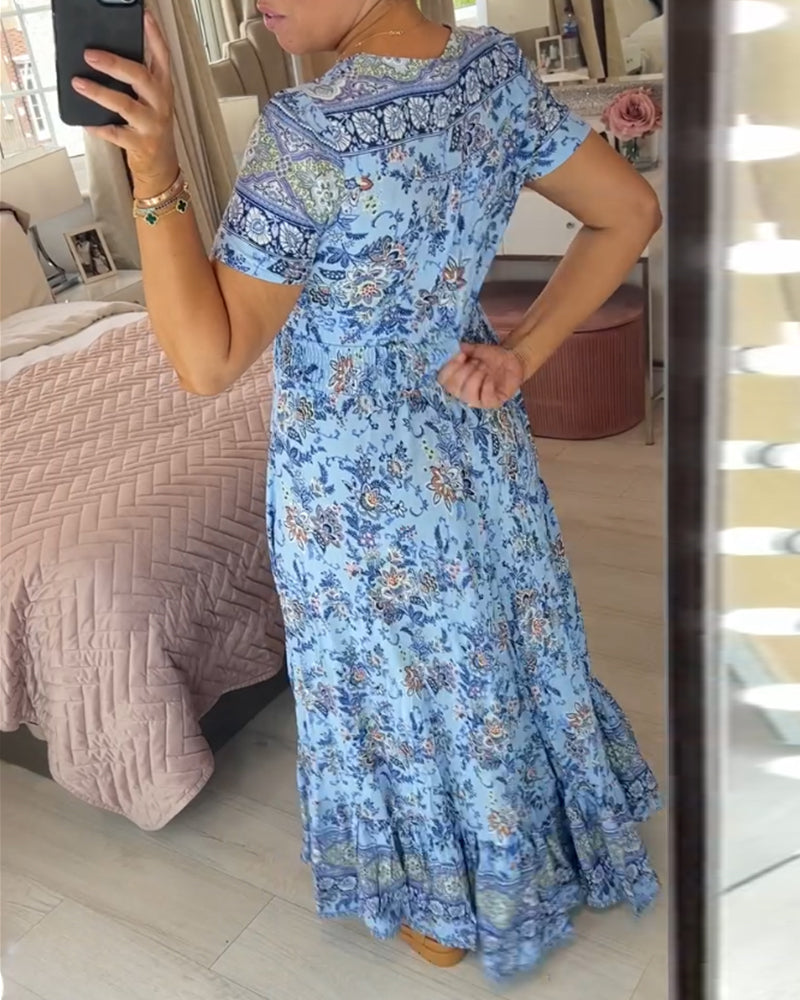Print-cozy V-Ausschnitt langes Kleid