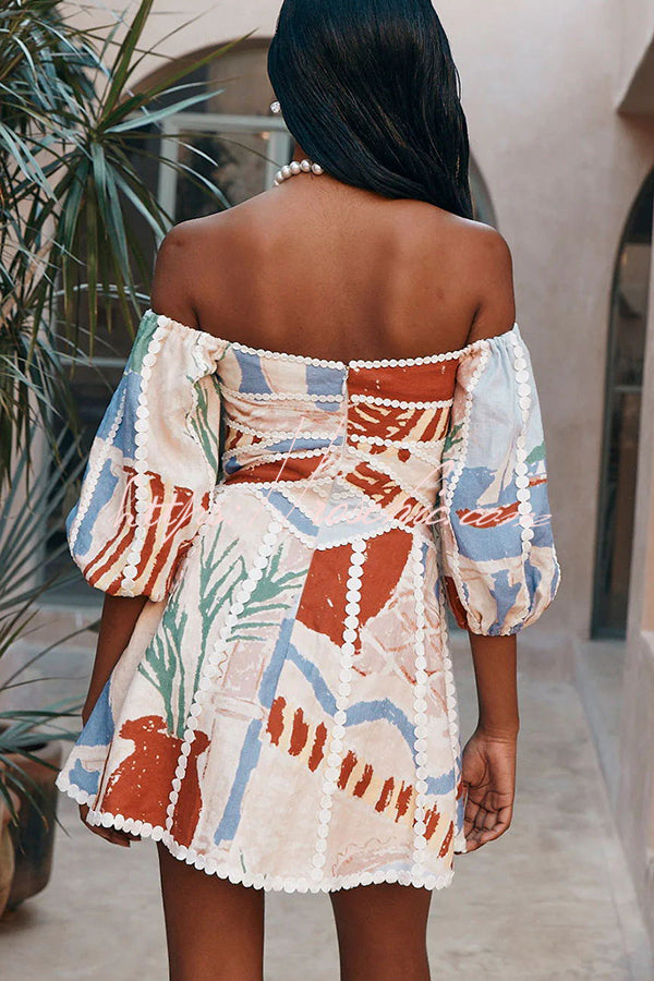 Como™ | Leinenmischung Ric Rac Borte Einzigartiger Druck Puffärmel Mini Kleid