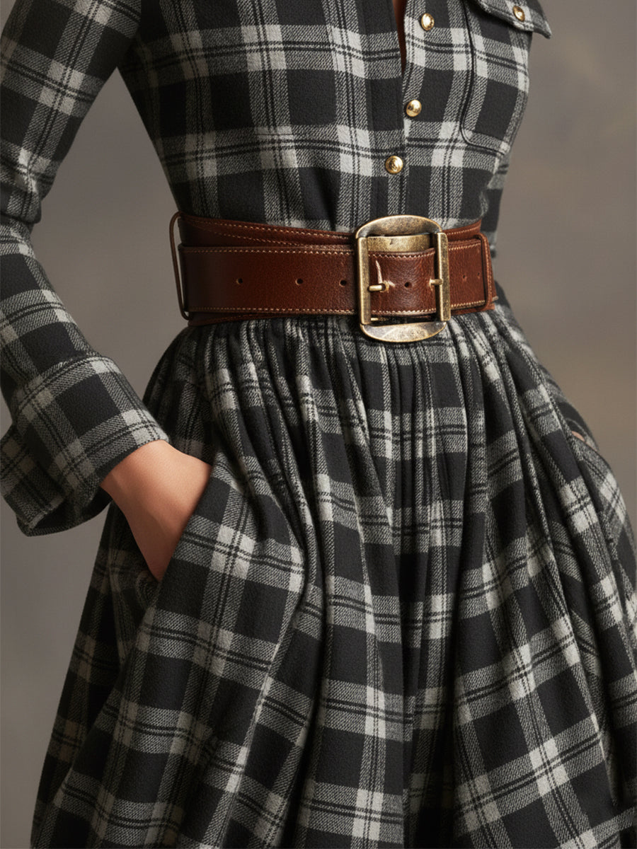 Retro-ethnischer Stil Revers Maxikleid in rötlich-braun kariert