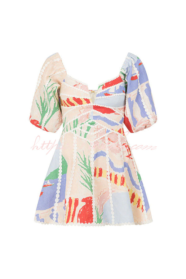 Como™ | Leinenmischung Ric Rac Borte Einzigartiger Druck Puffärmel Mini Kleid