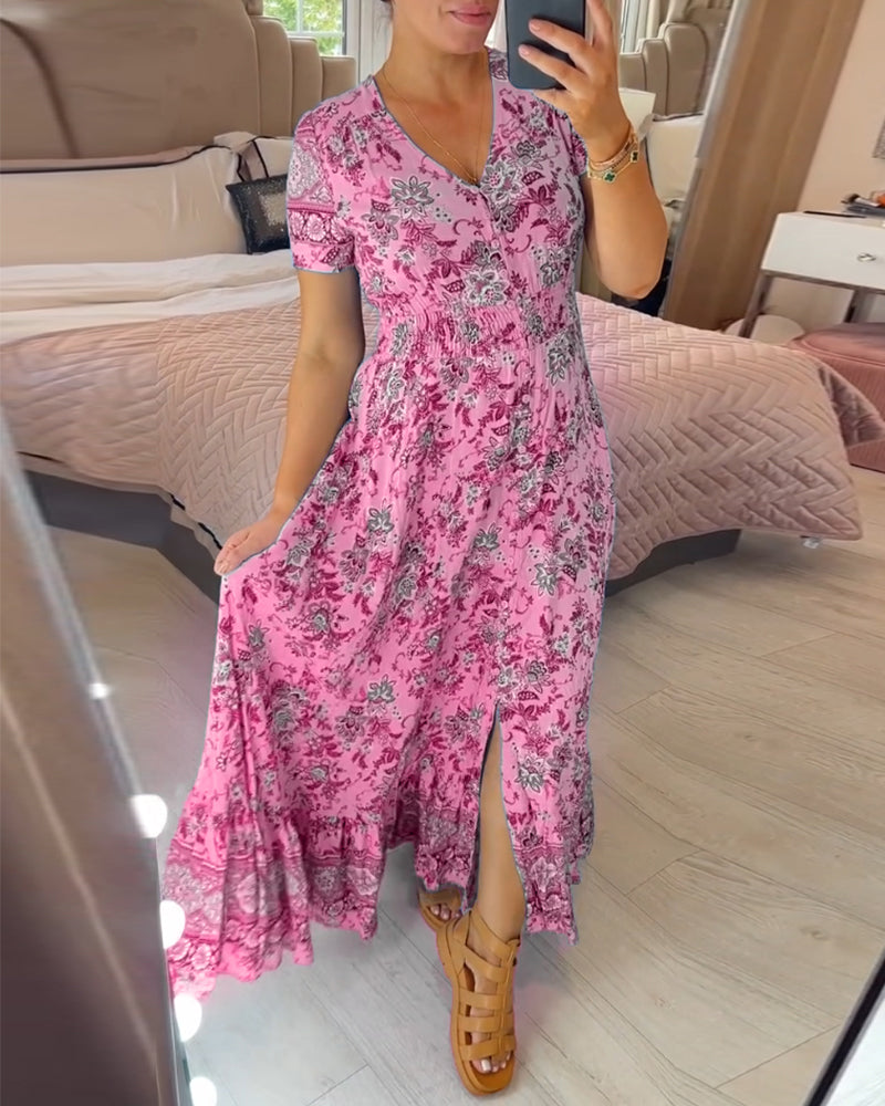 Print-cozy V-Ausschnitt langes Kleid