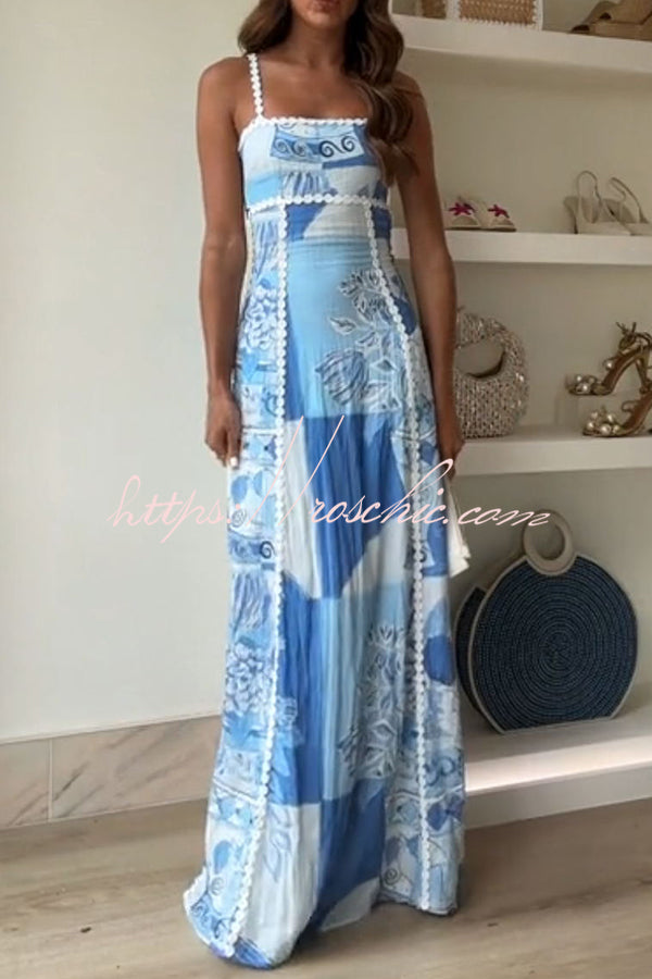 Terazza Ric Rac Leinenverzierungen Einzigartiger Druck Rückenschnürung Rippendes Leinen Maxikleid