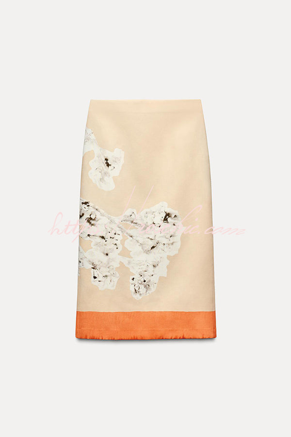 Kelly| Linen Blend Flower Print High Rise Pencil Slit Midi Skirt