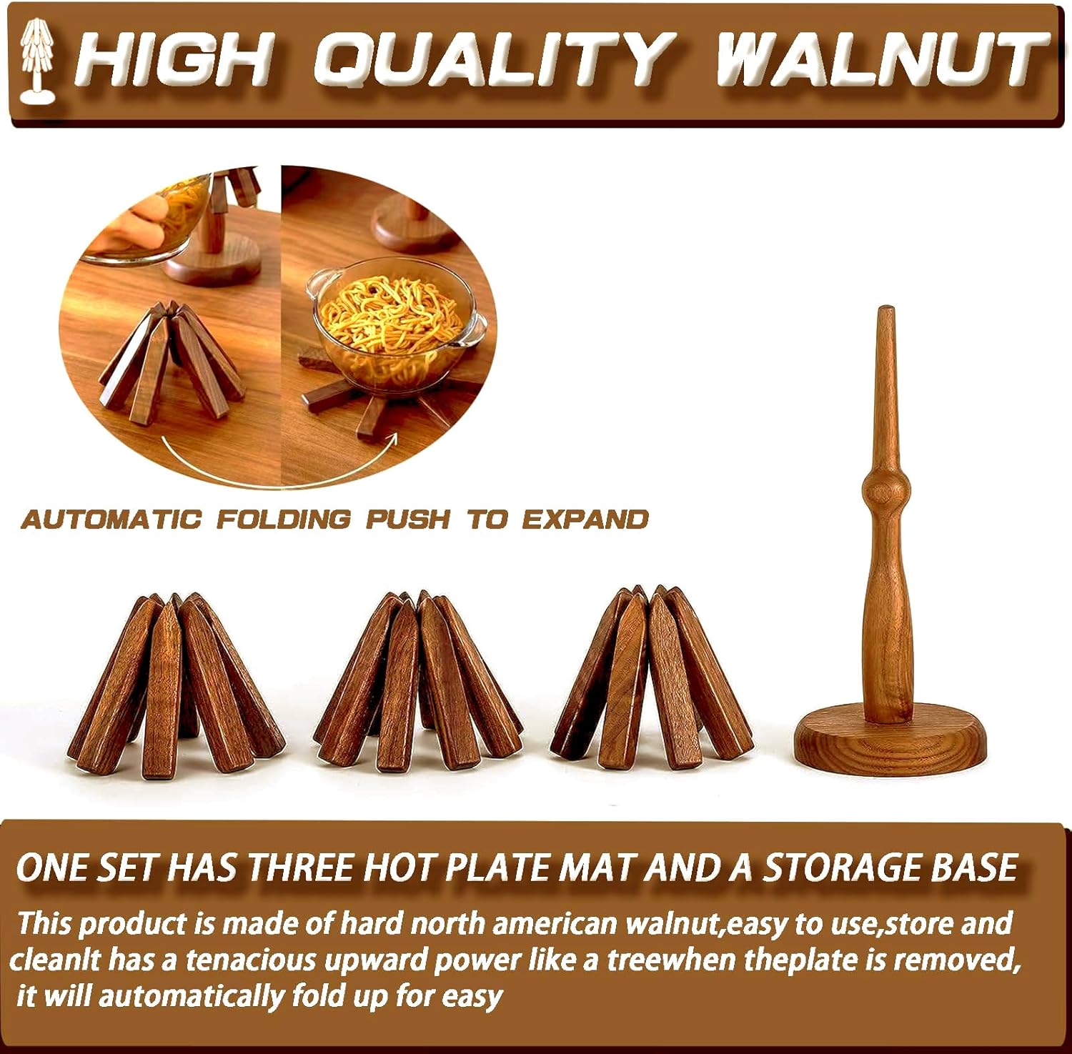 WalnutGrip™ | 3-teiliges magnetisches Untersetzer-Set aus schwarzem Walnussholz für heißes Kochgeschirr