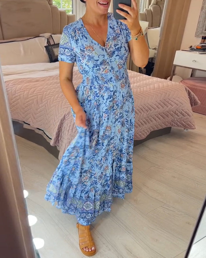 Print-cozy V-Ausschnitt langes Kleid