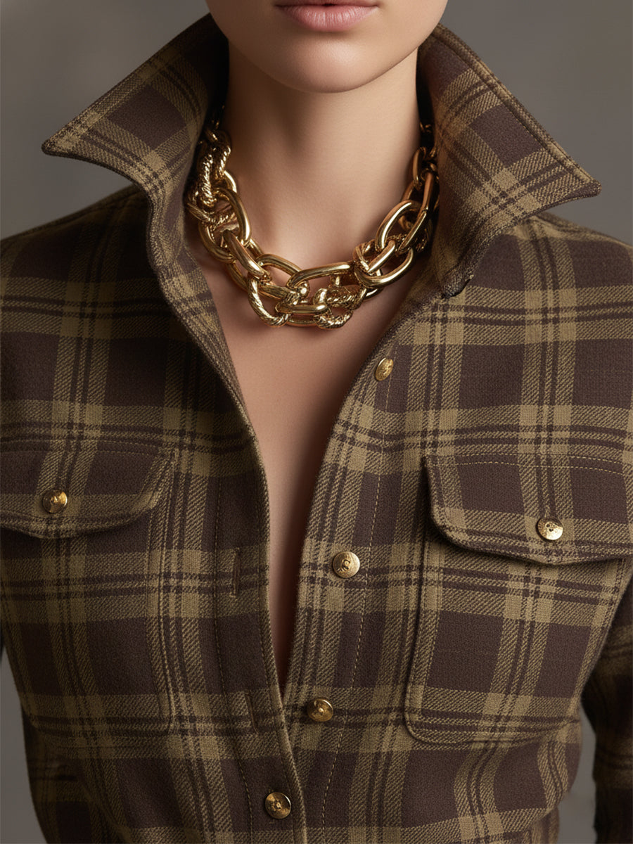 Retro-ethnischer Stil Revers Maxikleid in rötlich-braun kariert