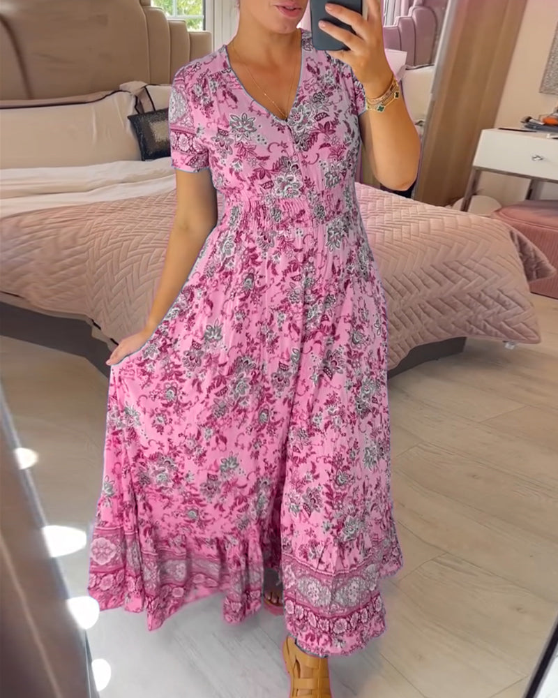 Print-cozy V-Ausschnitt langes Kleid