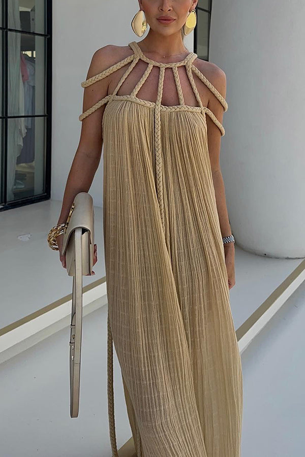 Natalia| Modernes und elegantes Maxikleid mit drapierter Zopf-Optik aus Leinenmischung