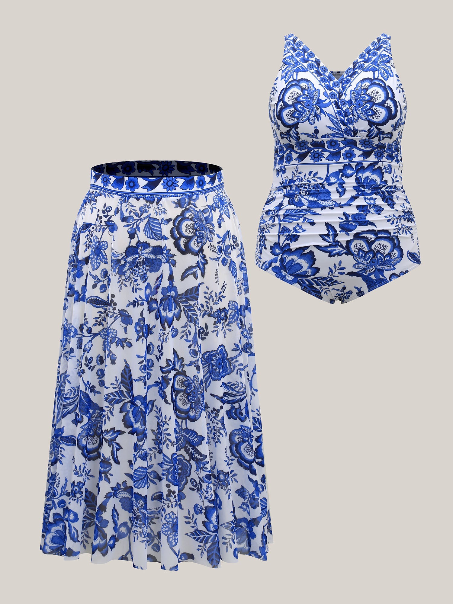 Flora™ | Zweiteiliger Badeanzug mit Blumenmuster und gerafftem Mesh, Sarong