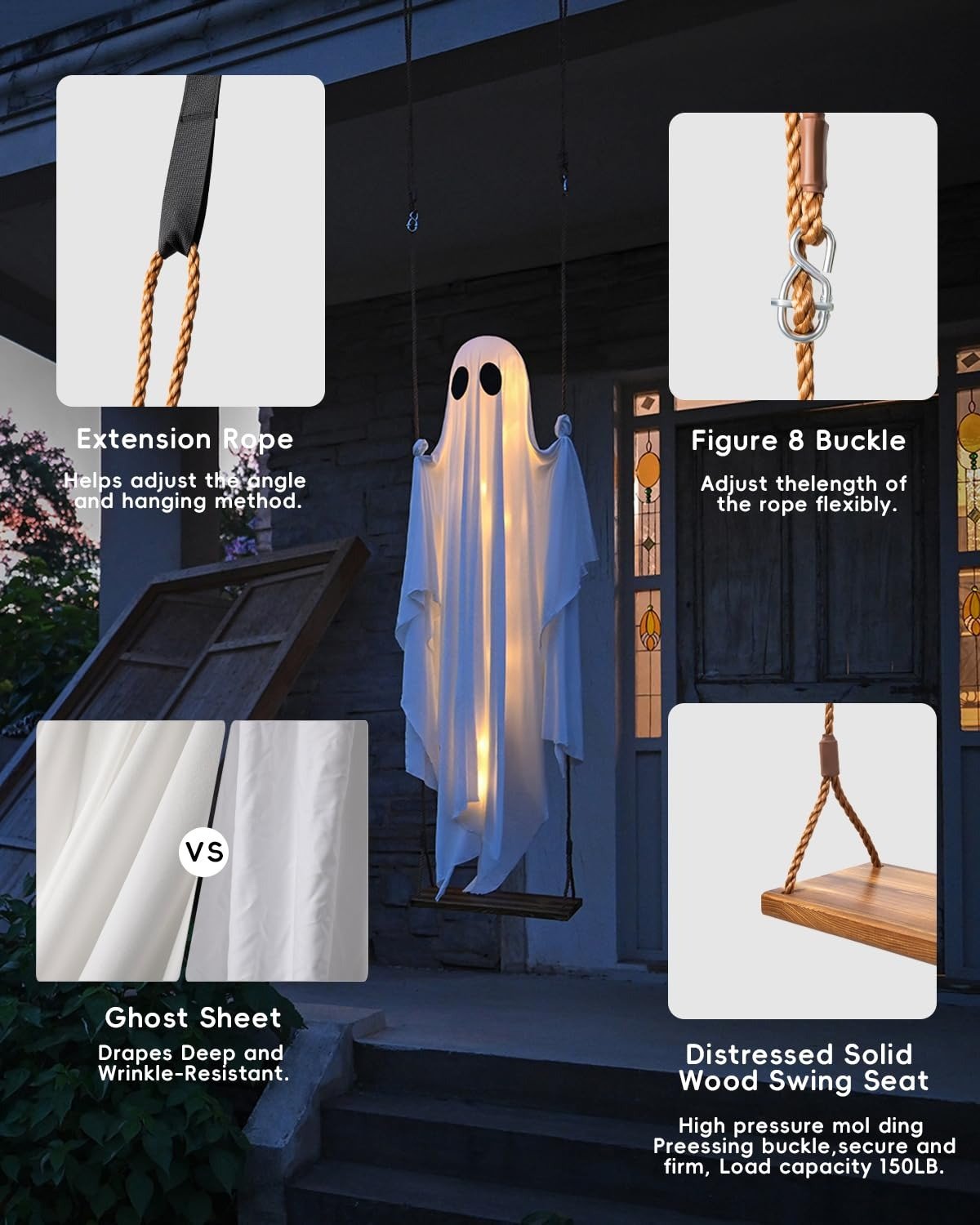🔥SALE🔥 Hängehängender Schaukel-Geist Halloween-Dekoration mit Lichterkette