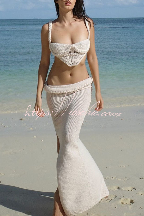 Kiara| Crochet Knit Braid Waist Slit Stretch Maxi Skirt