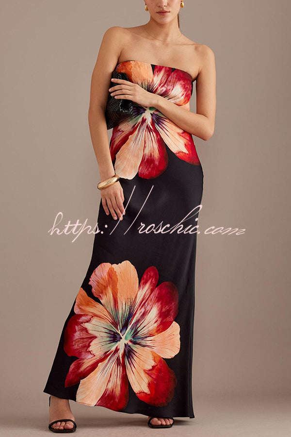 Laura| Charmantes Damen Satin Floral Print Bandeau Weit Maxi Kleid