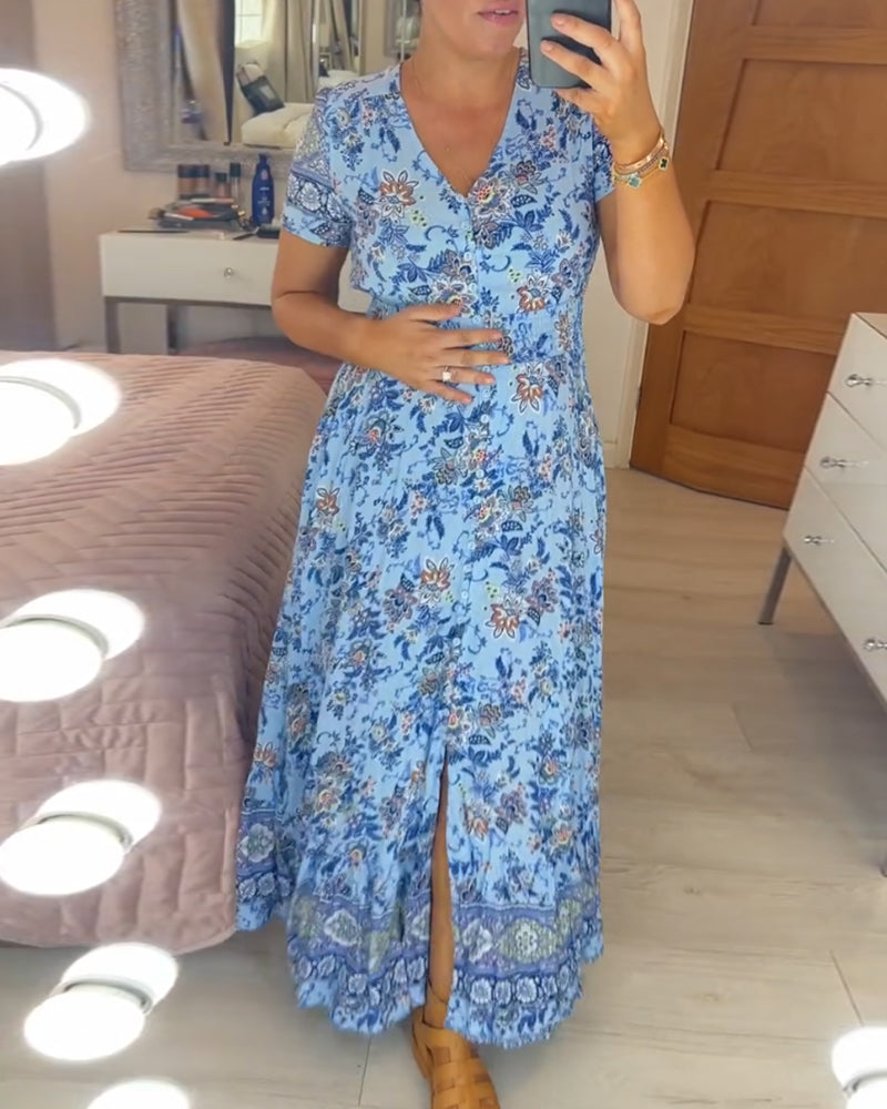 Print-cozy V-Ausschnitt langes Kleid
