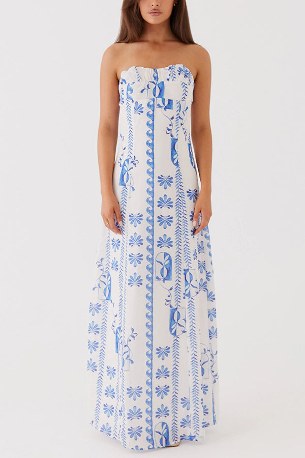 Freya| Leinenmischung Floral Wellenmuster Rüschenausschnitt Strapless Maxikleid